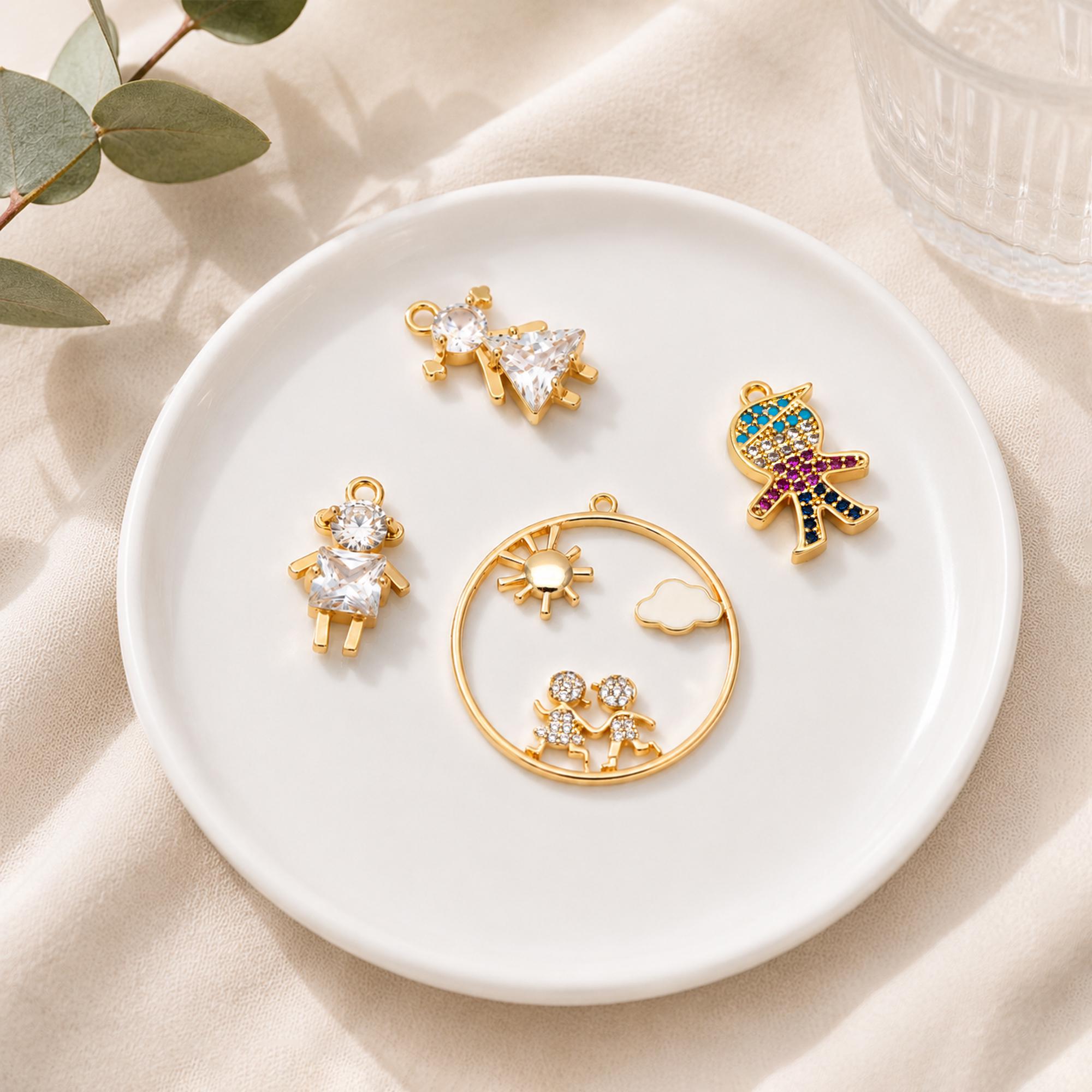 10pcs Gold Boy and Girl Charms 18mm, Gold plated Brass Cubic Zirconia Pendants (GB-172)
